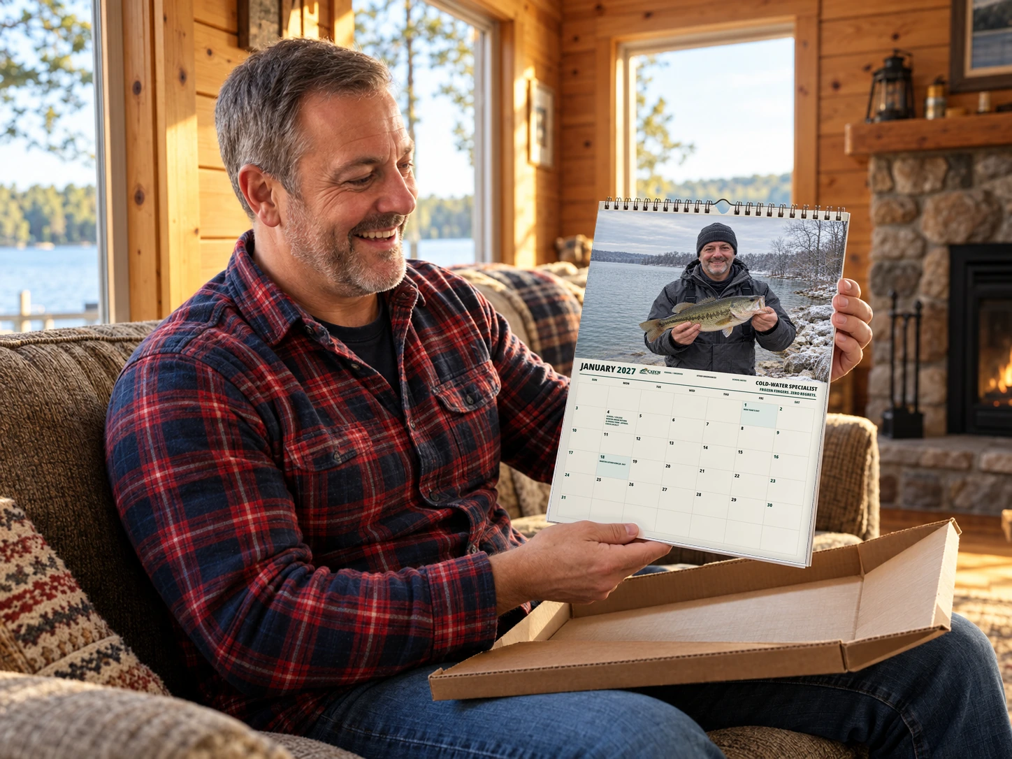 Illustrative scene of a fisherman opening his personalized calendar